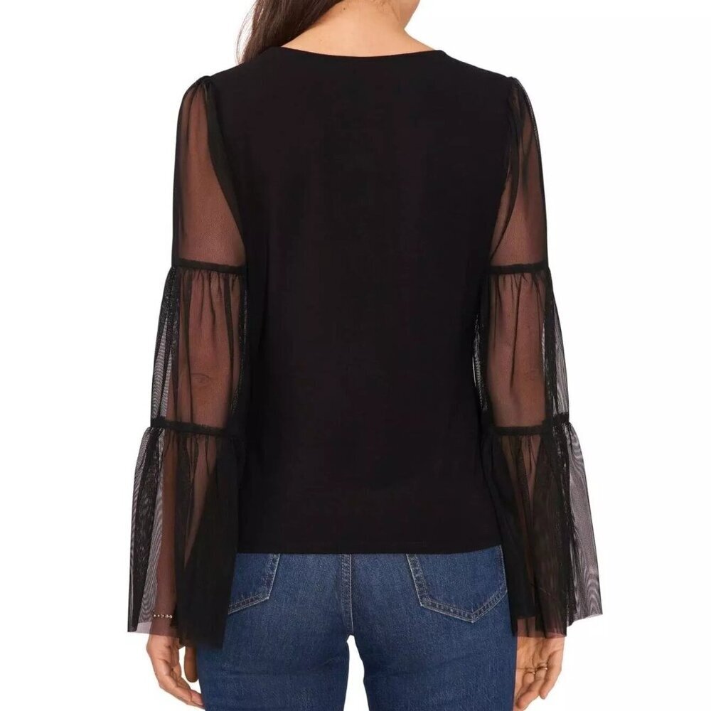 Vince Camuto Women's Mix Media Top with Tier Mesh Bell, Rich Black - Picture 2 of 3